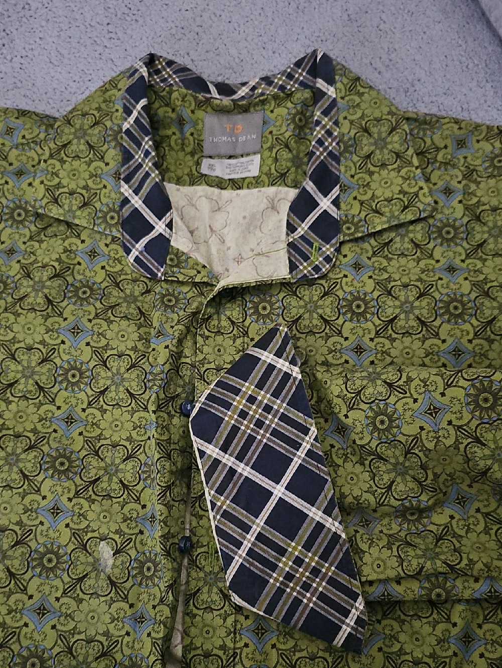 Thomas Dean Olive Green Floral Button Shirt with Navy Plaid Trim